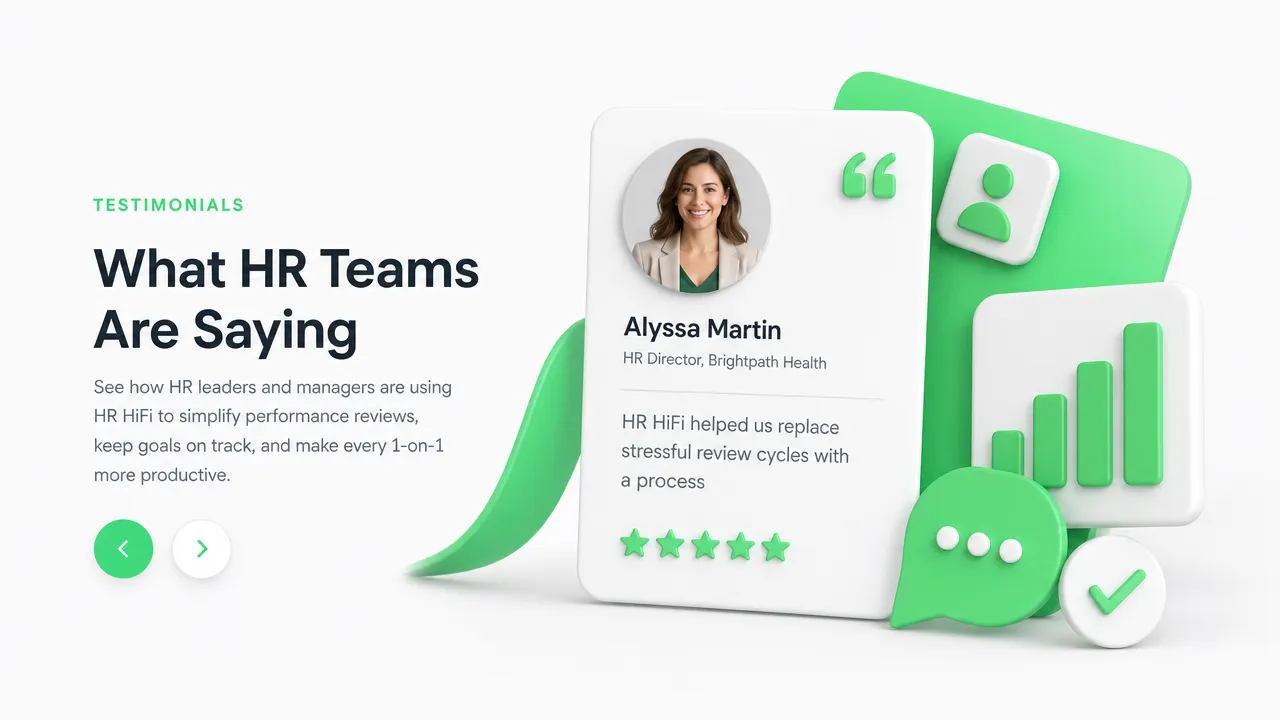 A clean marketing-style testimonial hero graphic for an HR software webpage, featuring the headline 'What HR Teams Are Saying' alongside a testimonial card for Alyssa Martin, HR Director at Brightpath Health, with green 3D UI icons, a star rating, chat bubble, chart graphic, and checkmark on a white background.